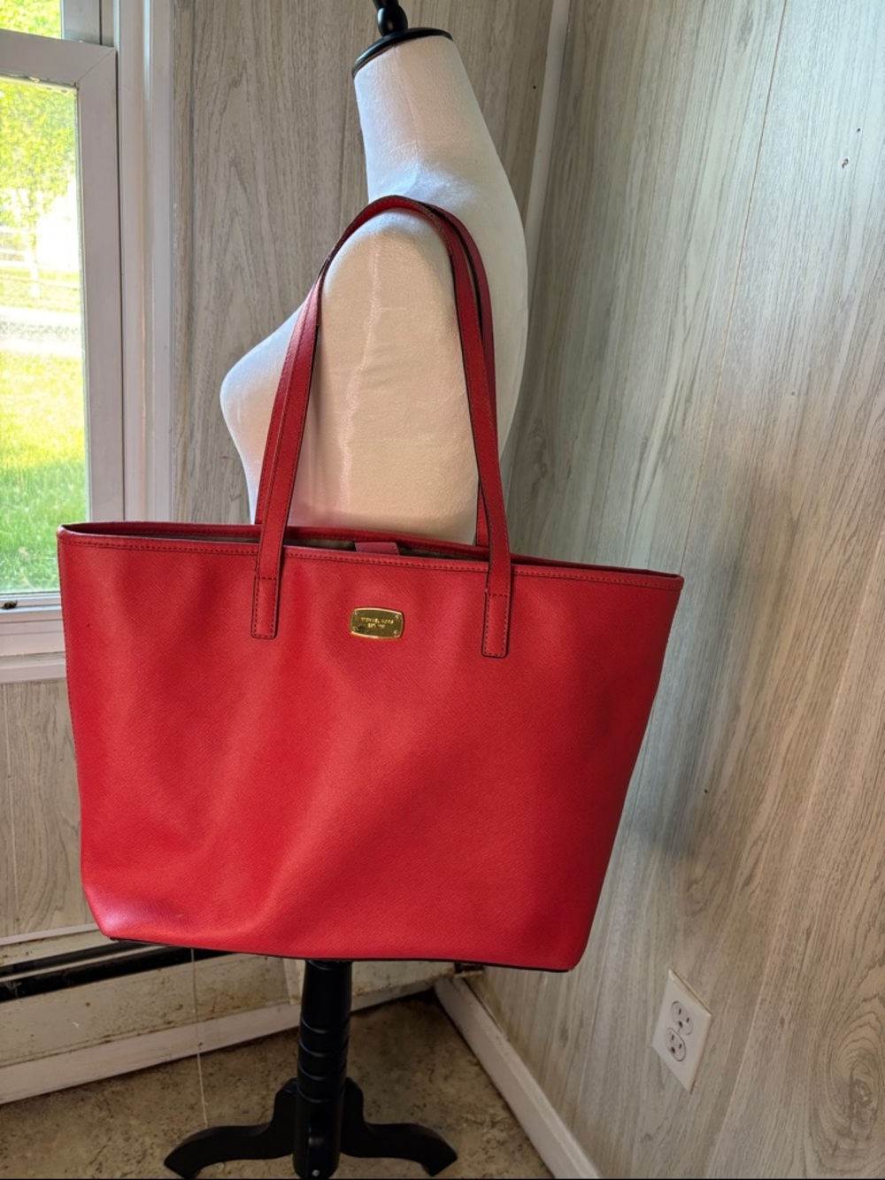 Michael Kors Red Leather Tote with Gold Plaque